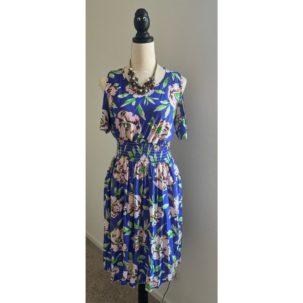 NWT FACTORIES CONNECTION BLUE FLORAL POLY SPANDEX COLD SHOULDER SUN DRESS XL-XXL